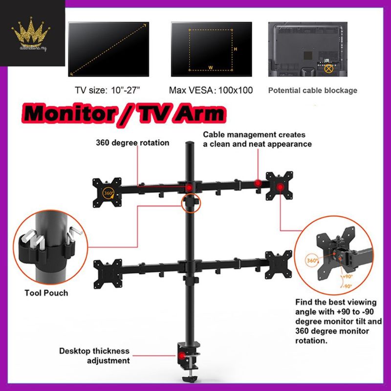 Quadruple Monitor Mount / 4 Monitor Stand / 4 Arm LED Stand / LCD Arm