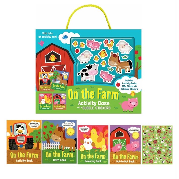 Farm Animals Stickers Fun Colouring Activity Learning Book Carry Case Gift Set With 4 Books