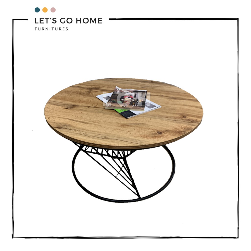 Vintage Style Round Coffee Table Simple Modern Coffee Table w/ Metal Leg Meja Kopi Kayu