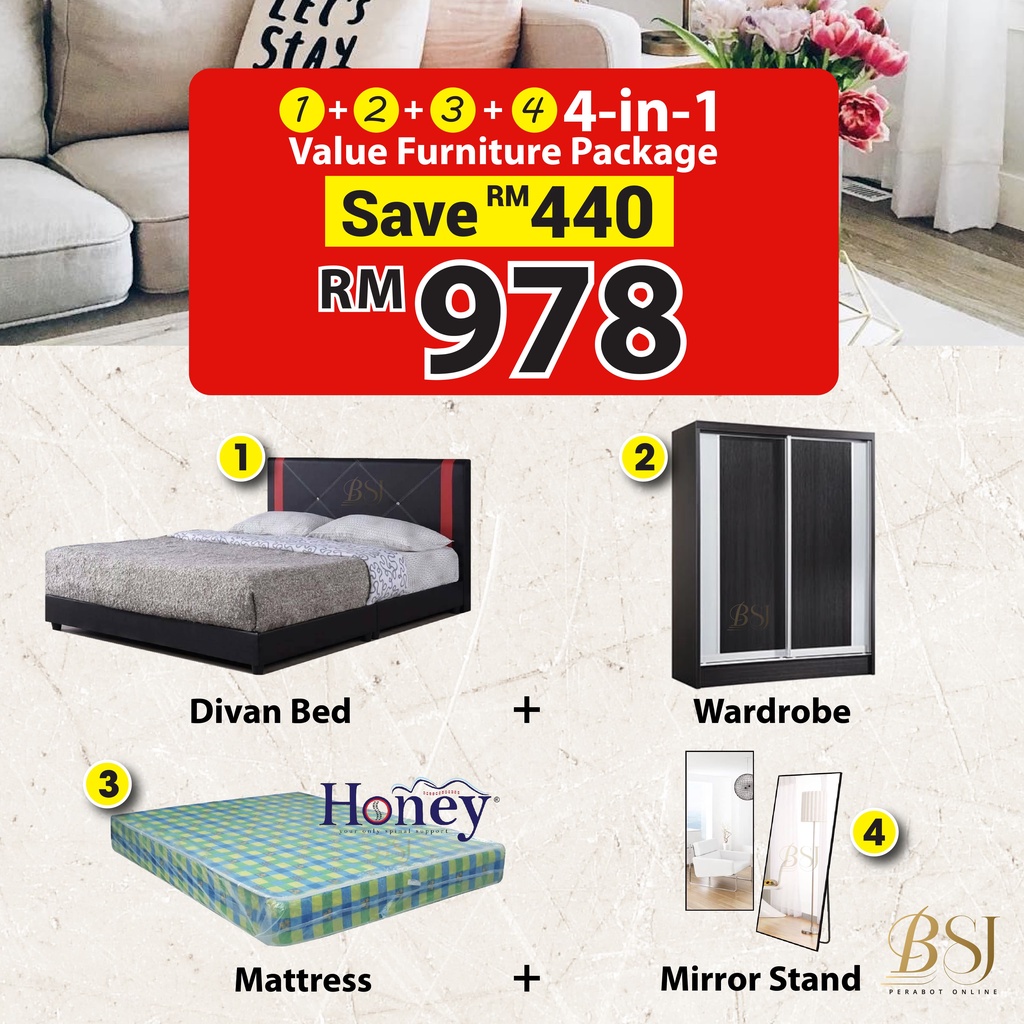 BSJ【 𝟒𝐢𝐧𝟏 𝐂𝐎𝐌𝐁𝐎 𝐒𝐄𝐓】Packej Furnitures Divan Bed Wardrobe Mattress