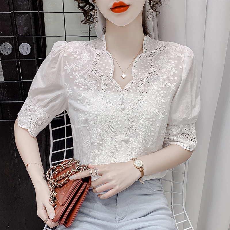 Elegant V neck Lace shirt Summer Clothes 2021 New style loose Women top