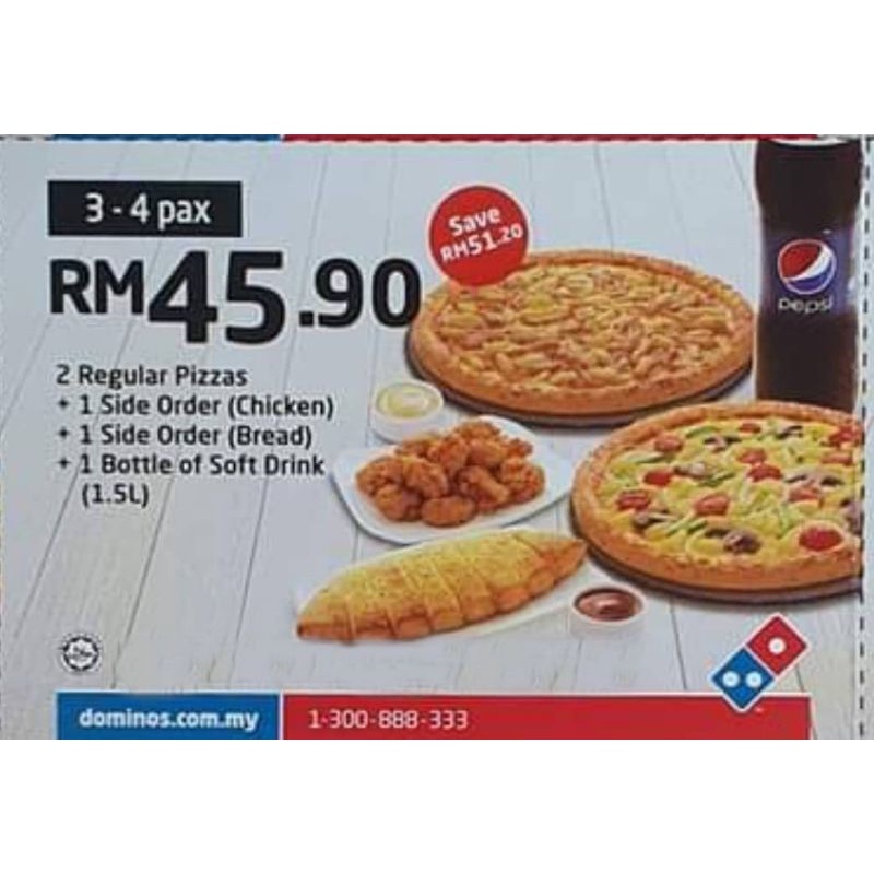 Domino's pizza 50 + OFF voucher Code 2 regular pizza + chicken + bread