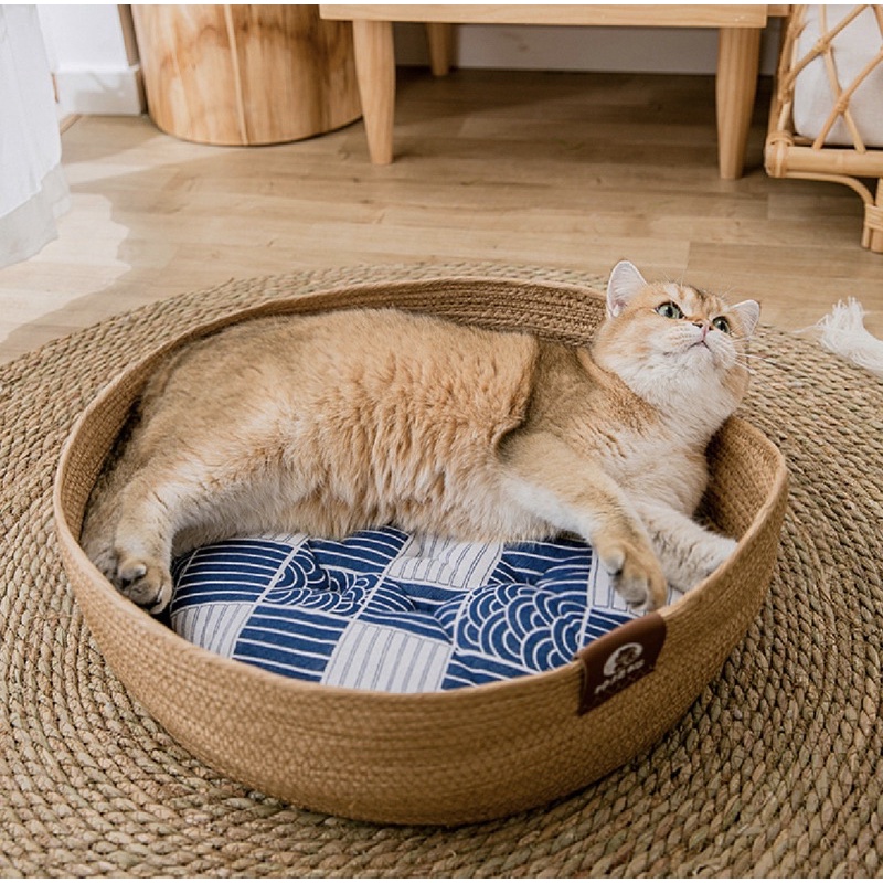 Cotton Woven Cat Bed, Big Round Cat Woven Basket Bed Cat Scratching Bed