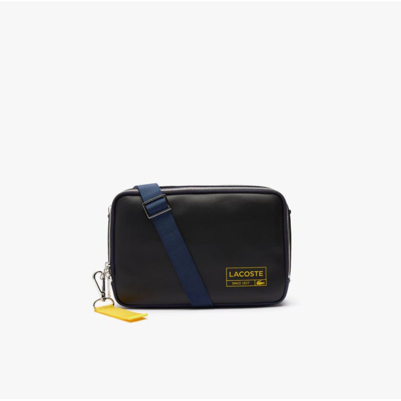 LACOSTE Men’s Lettered Rectangular Smooth Leather Crossbody Bag