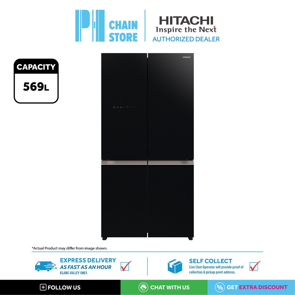 (DELIVERY FOR KL & SGR ONLY) HITACHI RWB640VM0 GBK 569L 4DOOR INVERTER BOTTOM FREEZER FRIDGE