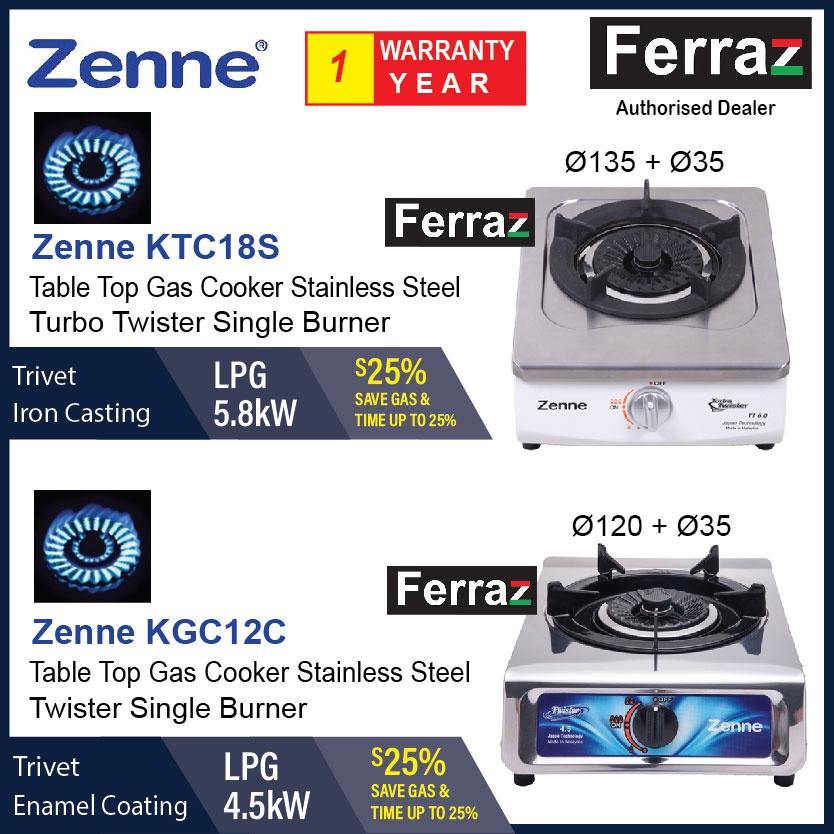 Zenne KGC12C / KTC18 Twister Burner S/Steel Portable Single Burner Gas Stove Cooker KTC 18 / KGC