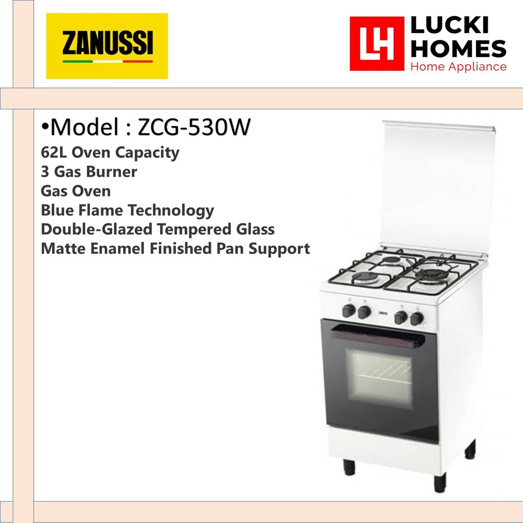 Zanussi 3 Gas Burners FreeStanding Gas Cooker ZCG530W With 62L Gas