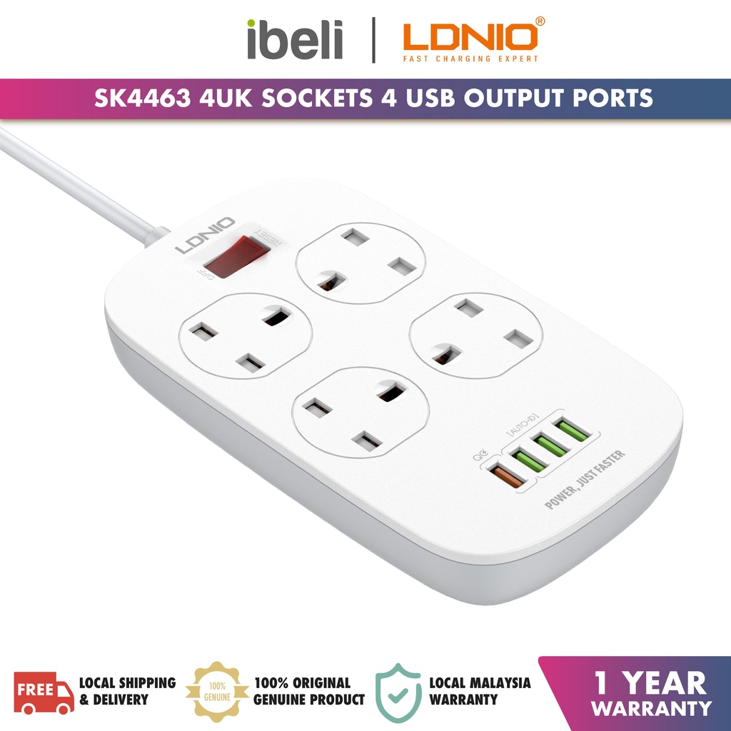 LDNIO SK4463 Independent Switch Sockets 4 UK Socket with 4 USB Port Shopee Malaysia