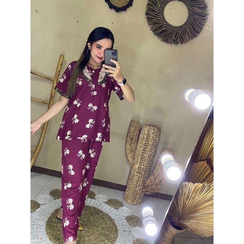 Latest Arabic Lace Pajama Suit With Ribbon Pattern Pajama Suit Nightgown Shopee Malaysia