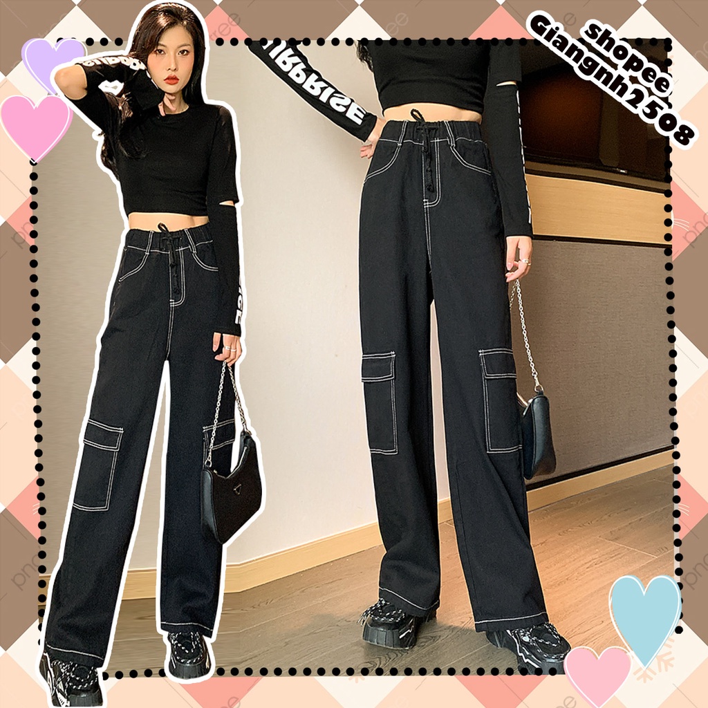 Q012 Black Culottes Pants Fake Jean Men And Women Wide Tube Box Pocket