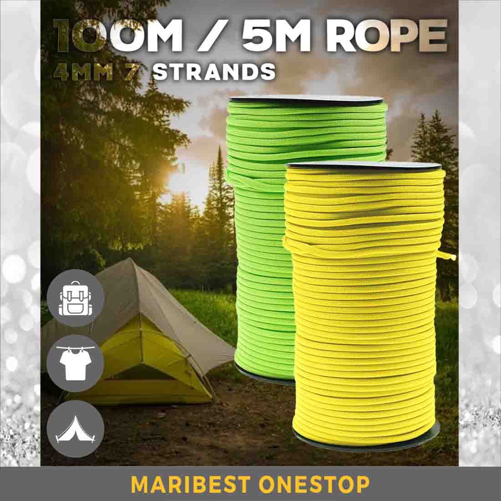 100M 5M TENT ROPE PARACORD PARACHUTE CORD ROPE 4MM 7 STRANDS 550LB DIY