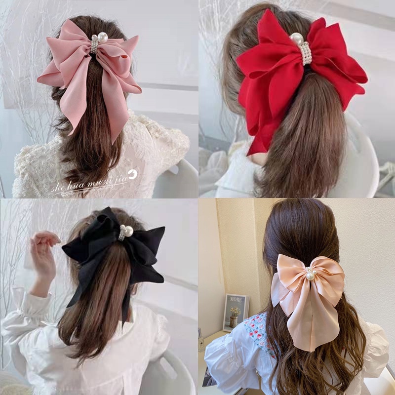 Korea Large Bow Pearl Ribbon Hair Clip Girl Cute Hairpin Shopee Malaysia