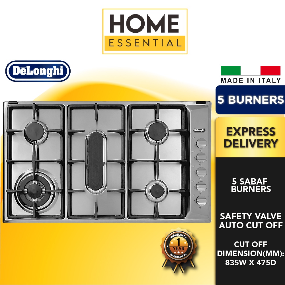 Delonghi 5 Gas Burners BuiltIn Stainless Steel Hob Safety Devices IL