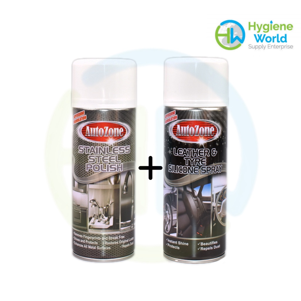 Autozone Stainless Steel Polish 400ml + Autozone Leather & Tyre Silicone Spray 400ml Shopee