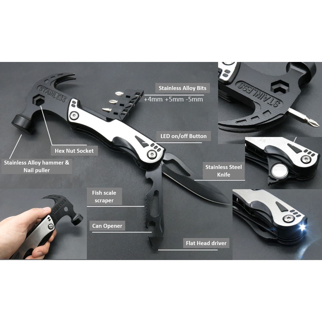 Hammer multitool, 10 tools, Stainless Steel Alloy. Durable with Screw