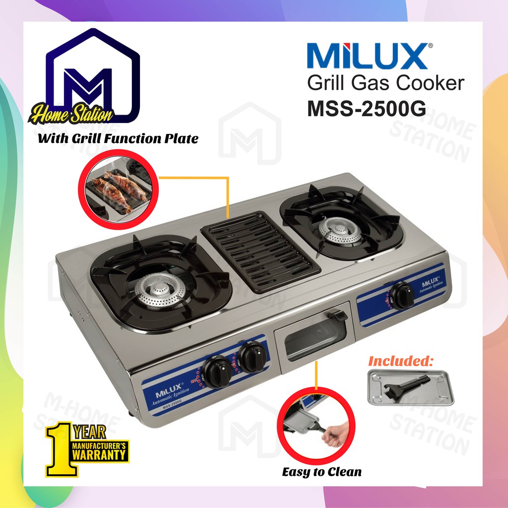 Milux Double Burner Stainless Steel Gas Cooker Stove with Grill Plate