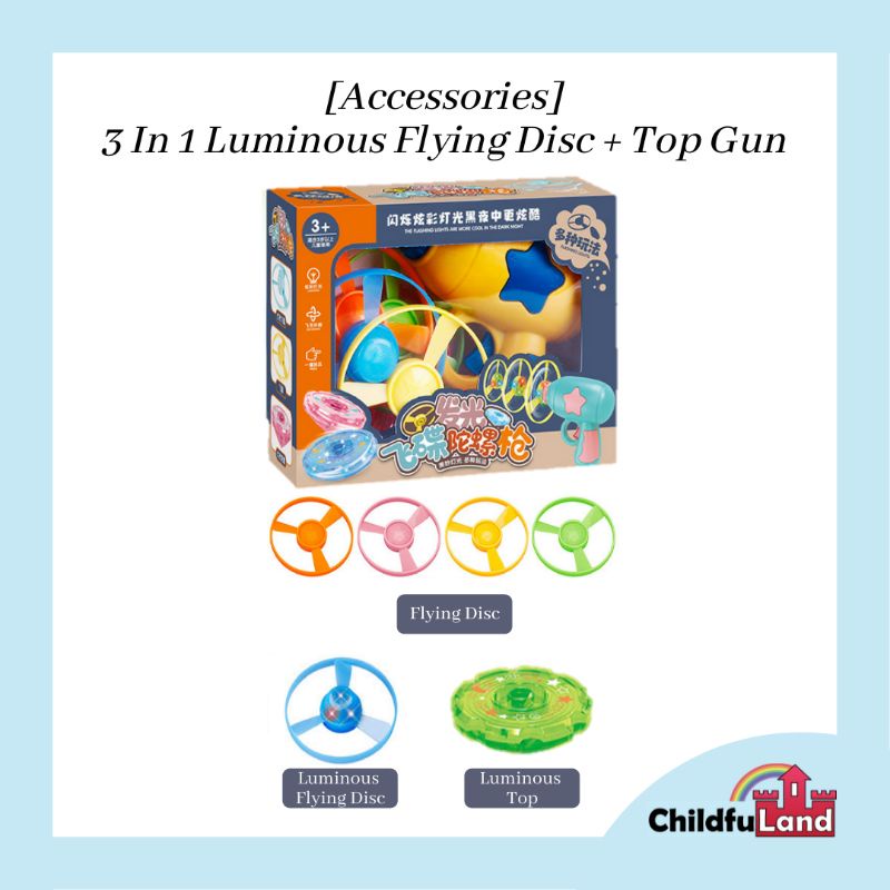 [Accessories] 3 in 1 Flying Disc + Spinning Top Gun with Flashing Lights for Kids Toys (Flying