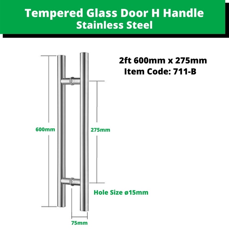600mm 2ft Stainless Steel Pull Handle H Shape Tempered Glass Door