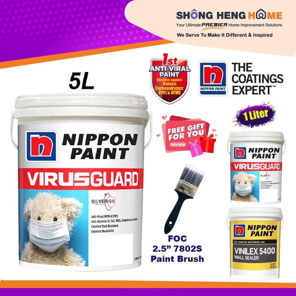 5L Nippon Paint VirusGuard Interior Wall [Brilliant White 1001] + Free