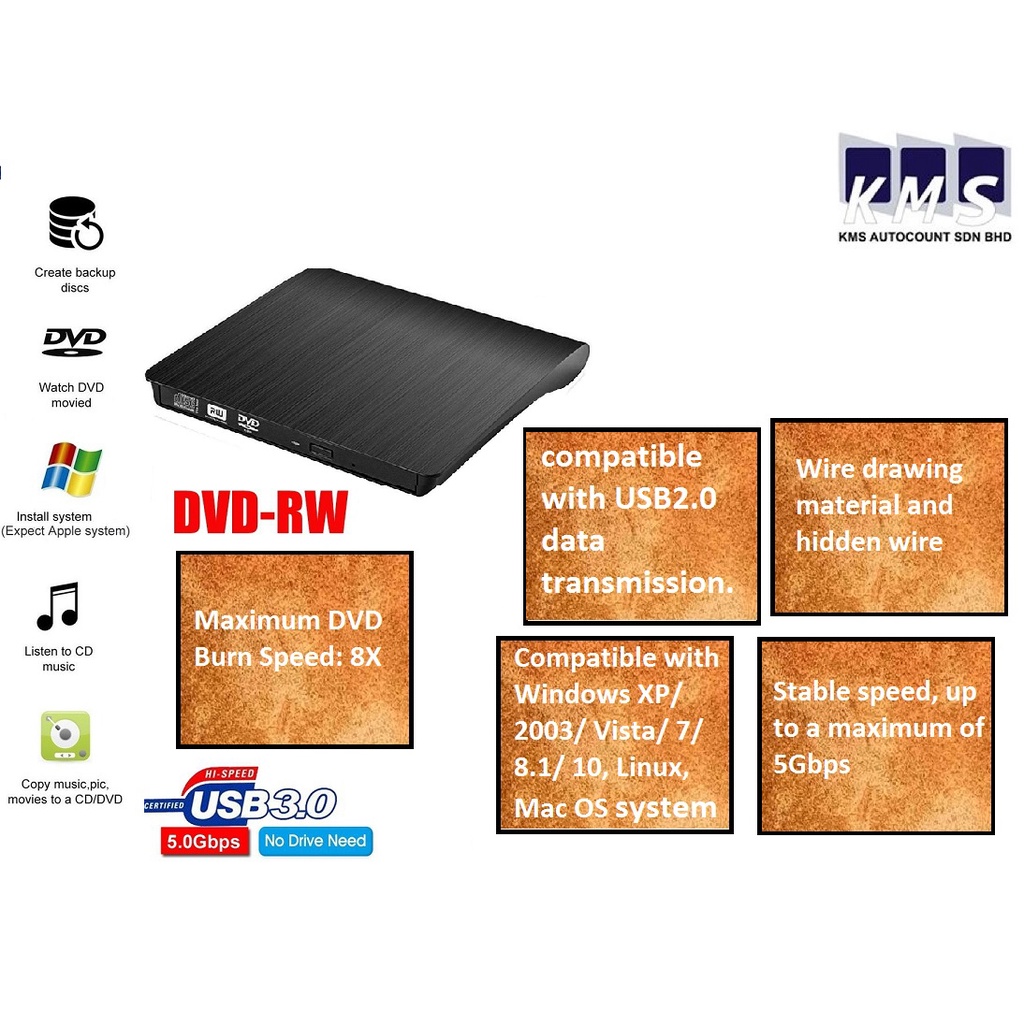 DVD Burner Writer Rewriter DVD/CD/VCD Player ROM Drive for Window 7/8