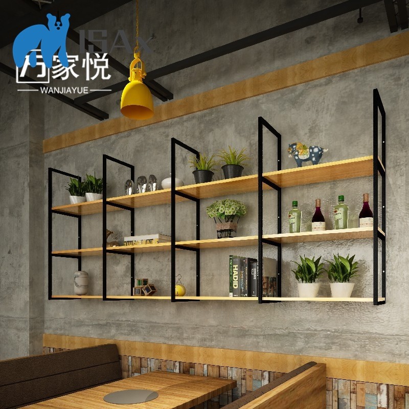 ISAx_Industrial style wrought iron shelf wall bookshelf solid wood bar