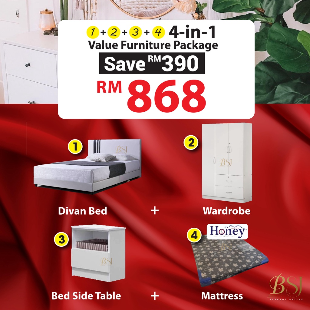 BSJ【 𝟒𝐢𝐧𝟏 𝐂𝐎𝐌𝐁𝐎 𝐒𝐄𝐓】Packej Furnitures Divan Bed Wardrobe Mattress Bed