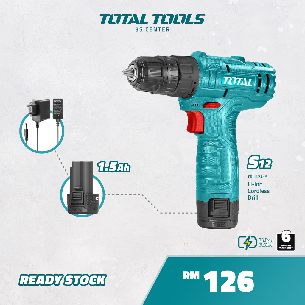 TOTAL Liion Cordless Drill + Battery + Charger (S12 / 12V) TDLI12415