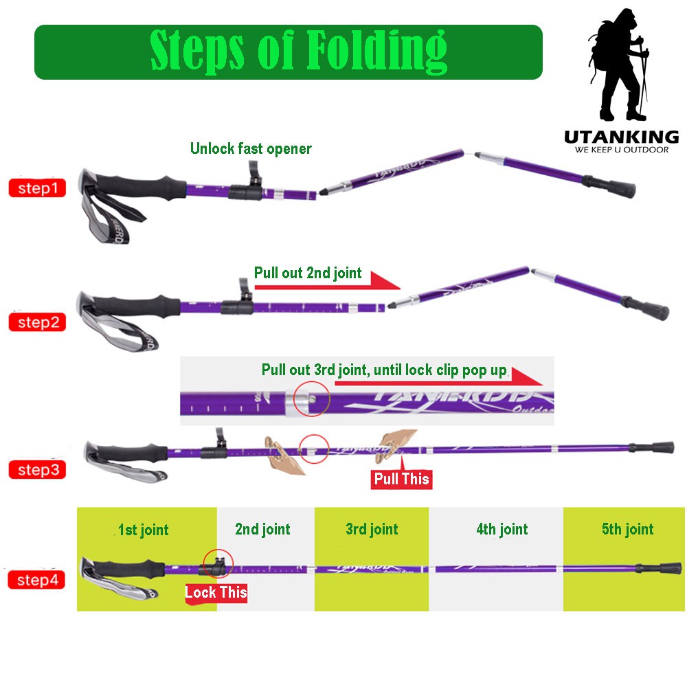 Foldable Trekking Pole Height Adjustable Aluminium Hiking Climbing Stick Leg Support Cane Stick