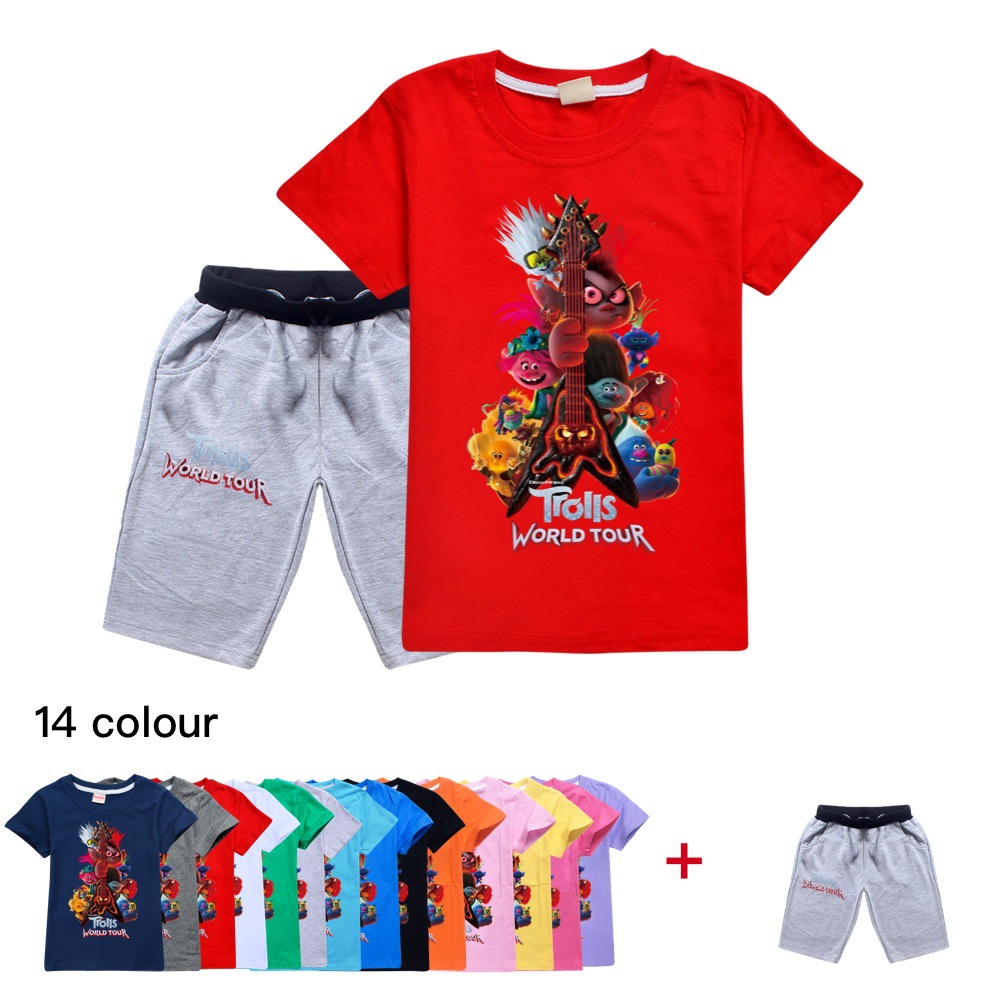 Trolls Rock Queen Children's Shortsleeved cotton Tshirt + shorts 2piece set Summer Cotton Boy