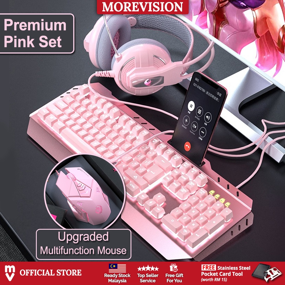 Pink Keyboard and Mouse Headphone Set Backlit LED Headset Girl Heart