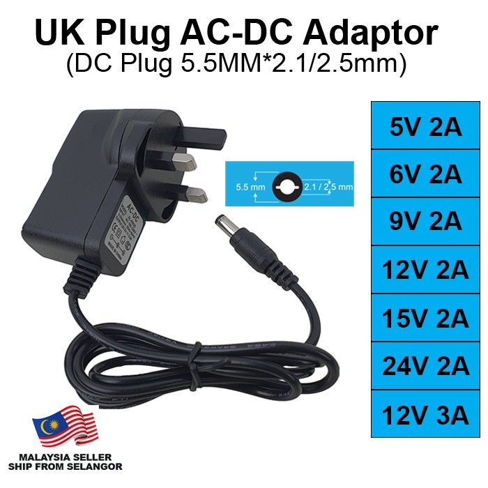 UK Plug AC DC 5.5mm Power Adapter 5V 6V 9V 12V 15V 18V 20V 22V 24V 27V