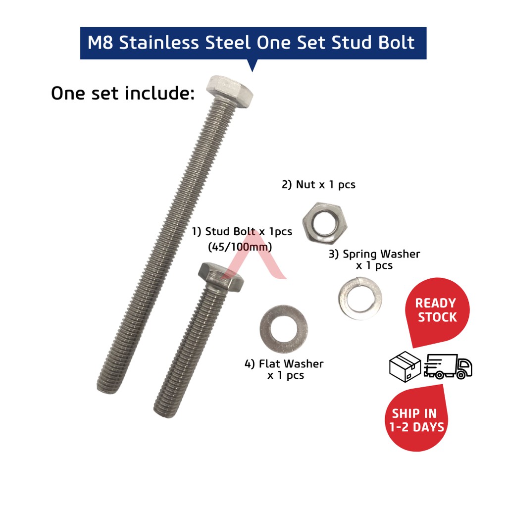 Set of SS M8 Stud Bolt with Spring Washer, Flat Washer and Hex Nut