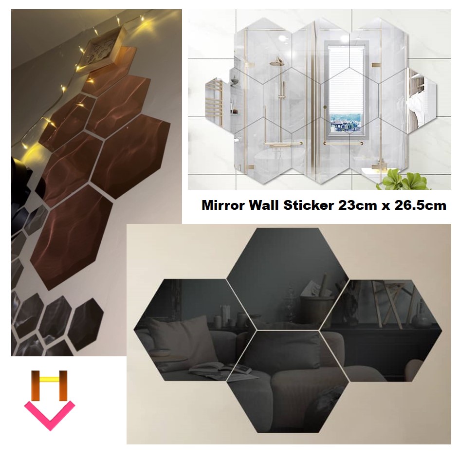 23cm x 26.5cm Modern Geometric Hexagon Mirror Decoration Cermin Sticker