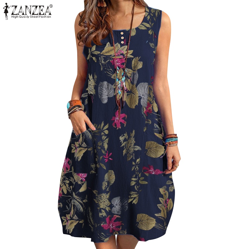 ZANZEA Women Summer Sleeveless Plus Size Tank Dress Cotton Beach