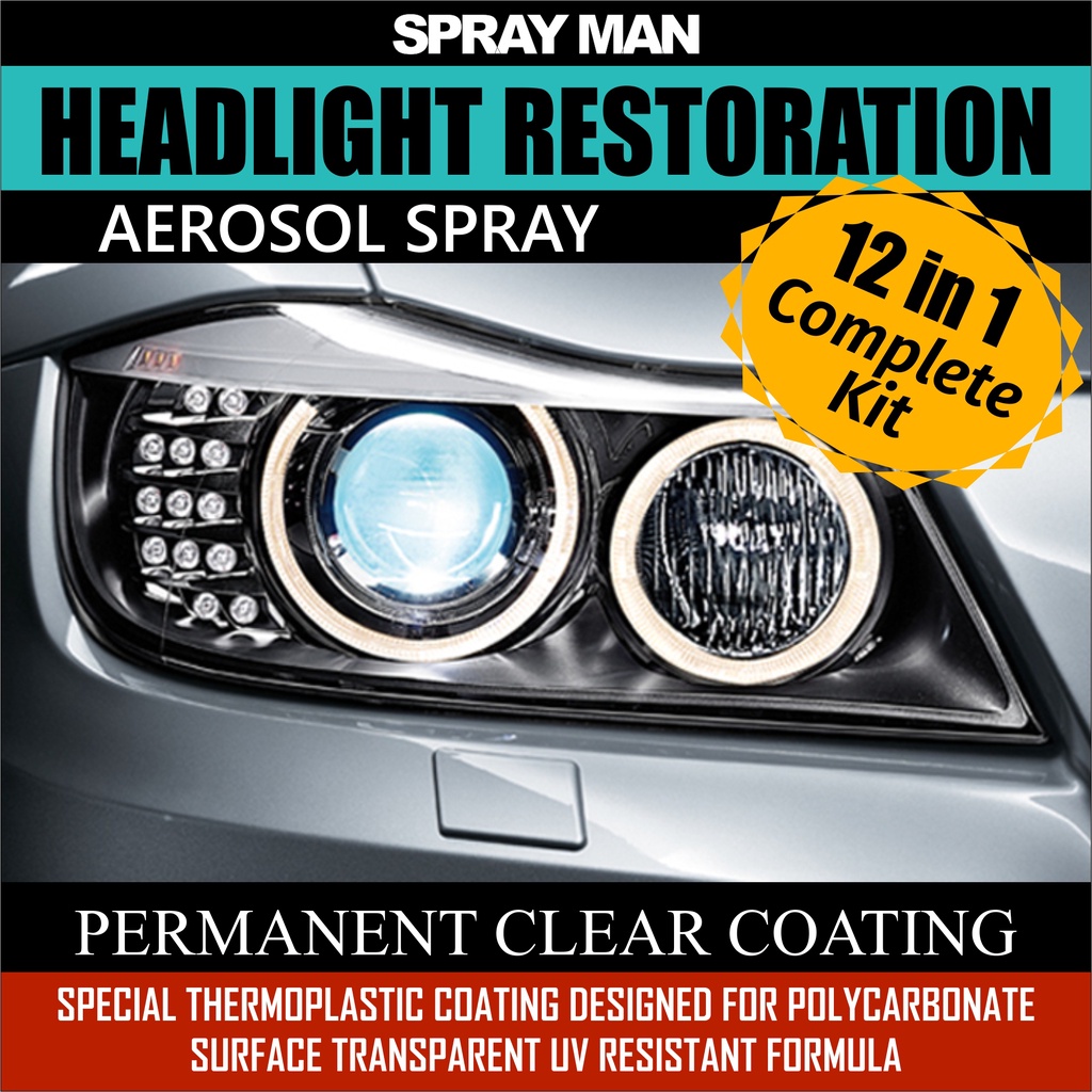 Headlight Restoration Aerosol Spray 12 in1 complete DIY Kit