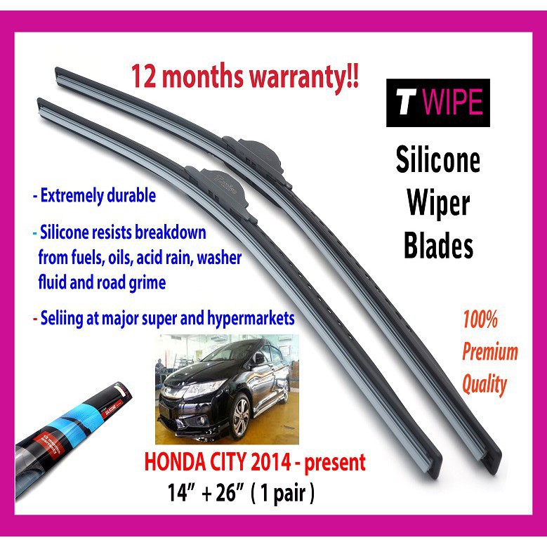 HONDA CITY 2014Present Premium Silicone Car Wiper 14" + 26"( 1 pair) TWIPE 12 Months Warranty