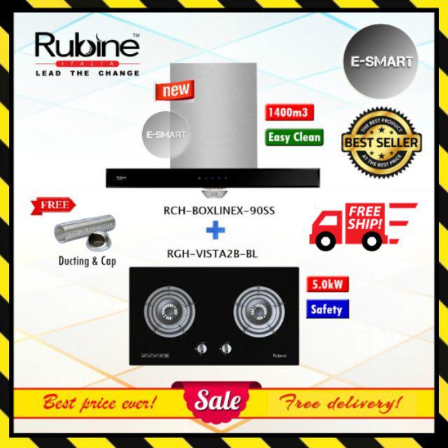 *PACKAGE* Rubine RCHBOXLINE90SS (NEW MODEL) 1400m3 Kitchen Chimney Cooker Hood + Builtin Hob