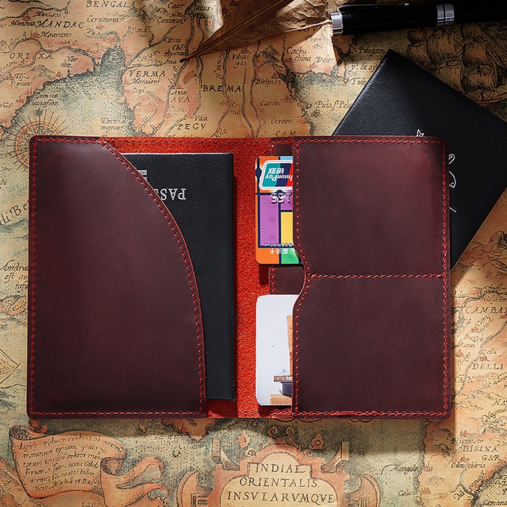 Genuine Leather Passport Cover Credit ID Card Holder Business Travel