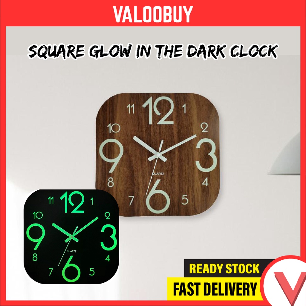 30cm Glow In the Dark Clock Square Jam Dinding Glow In the Dark Clock