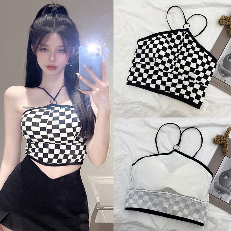 Women's Camisole Plaid Sleeveless Tank Top Halterneck With Bra Pad