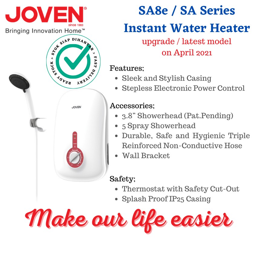 Joven Water Heater Instant Water Heater SA8e SA Series Double Pole EELS