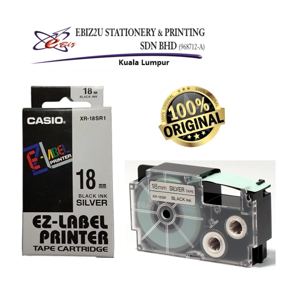 Casio EzLabel Printer Tape Cartridge 18mm, Black on Silver (XR18SR1