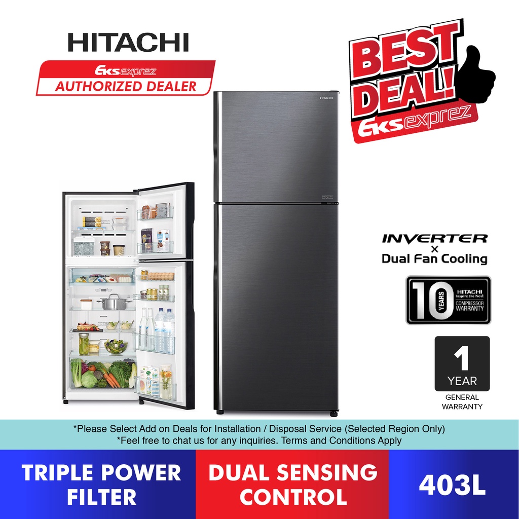 Hitachi 2 Door Inverter Fridge (403L) RVX460PM9 BBK Deluxe