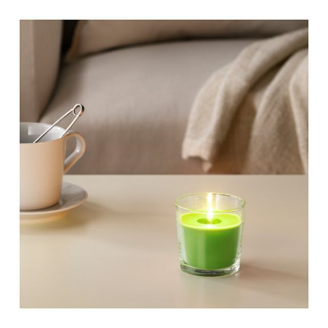 IKEA SINNLIG Scented candle in glass, Apple and pear, green, 7.5 cm