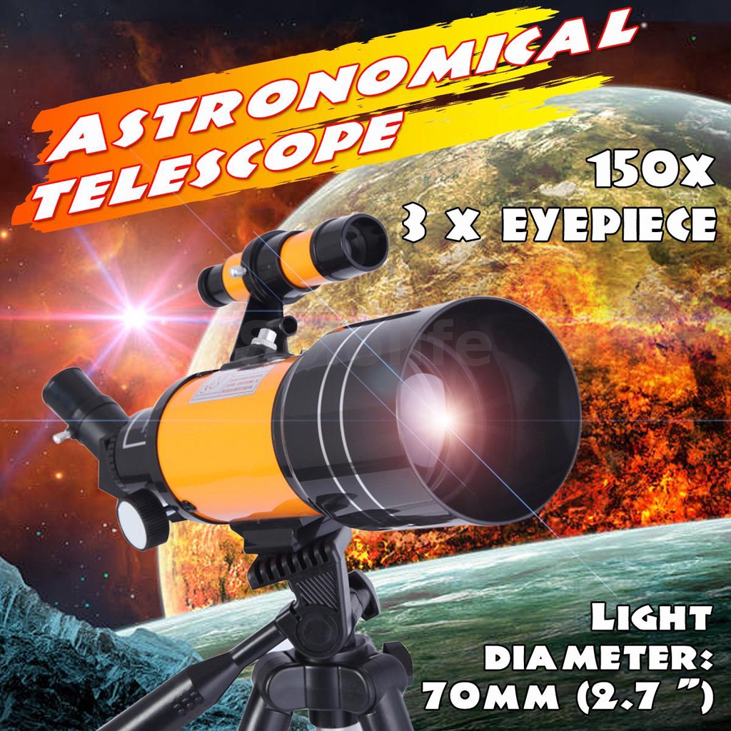 70mm/300mm Refractor Astronomical Telescope 150X Space Sky Moon