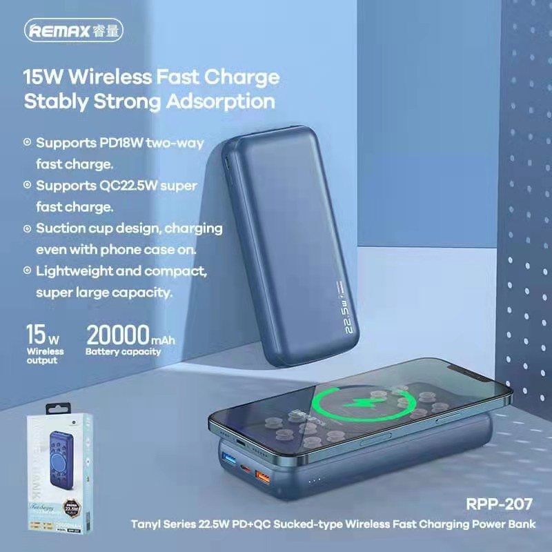 REMAX RPP207 5A PD 22.5W 20000mAh Powerbank / PD + QC SuckedType Wireless Fast Charging / LED