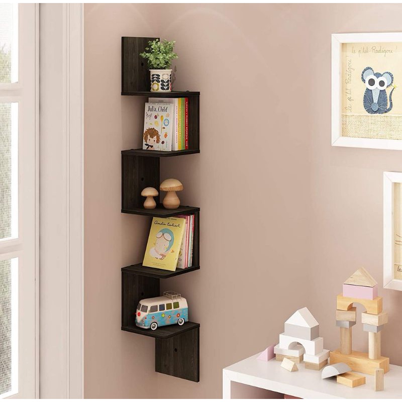 FURINNO 16123 Rossi 5Tiers Wall Mount Floating Corner Square Shelf