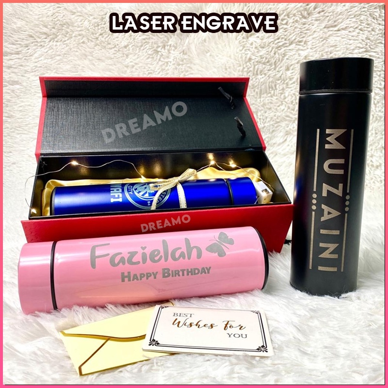Giftbox LED Thermos Laser Engrave Name Custom Design Logo