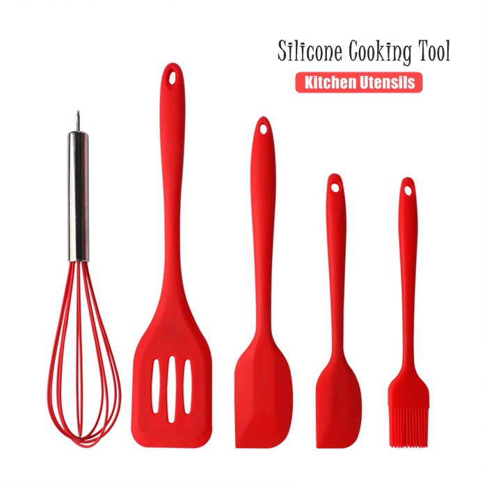 5Pcs/Set Red Silicone Cooking Tool Kitchen Utensils Sets With Box
