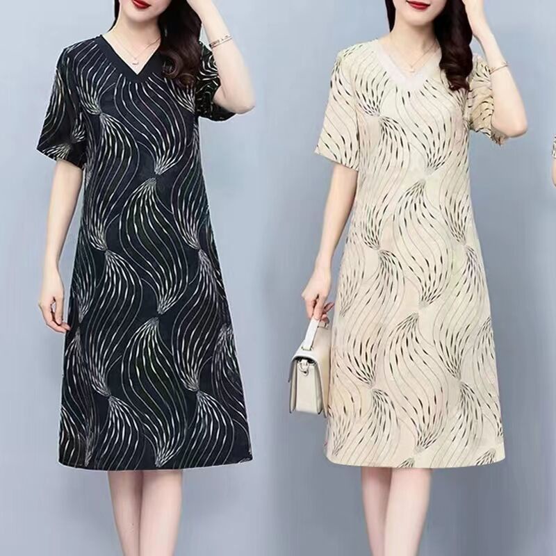 Ice Silk Dress Plus Size Women's Vneck Stitching Midlength Dress